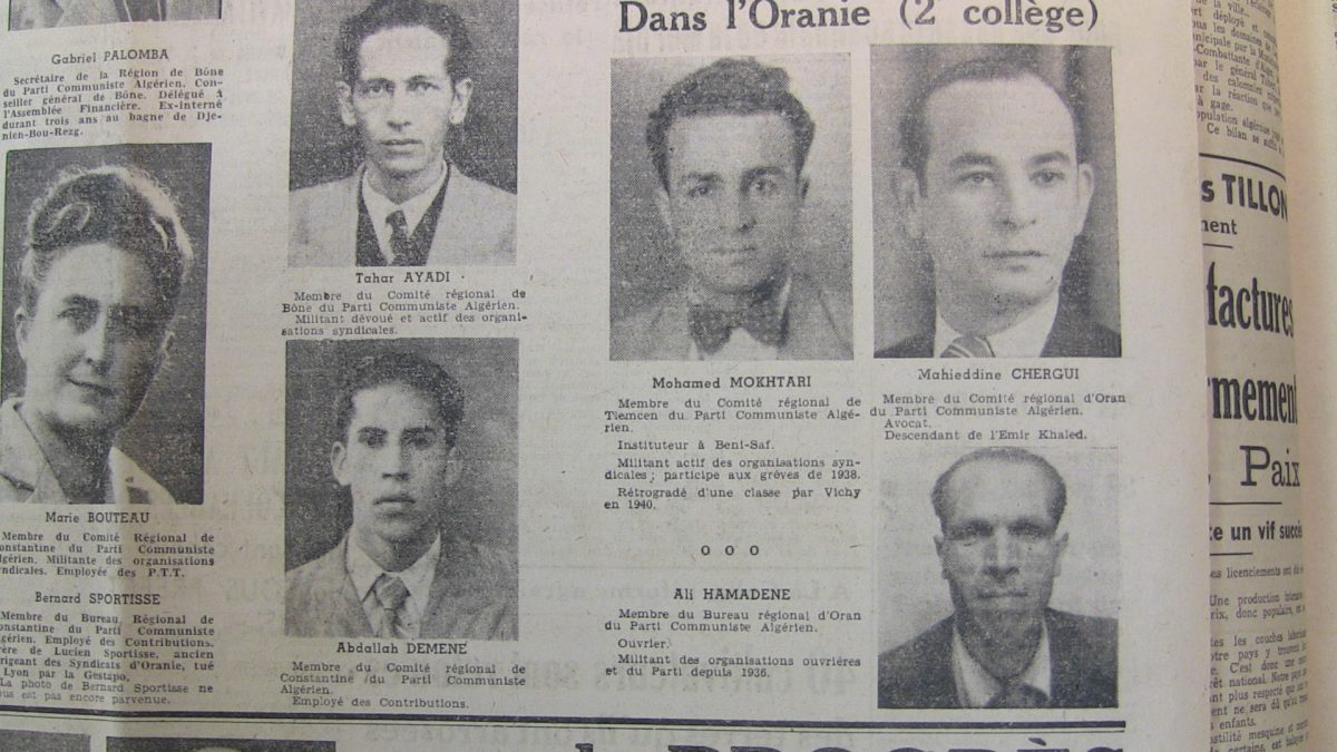 1947 — في الأعلى من اليمين، محيدين شرقي، محمد مختار، طاهر عيادي و ماري بوتو. في الأسفل علي حمدان و عبد الله دمّان.
