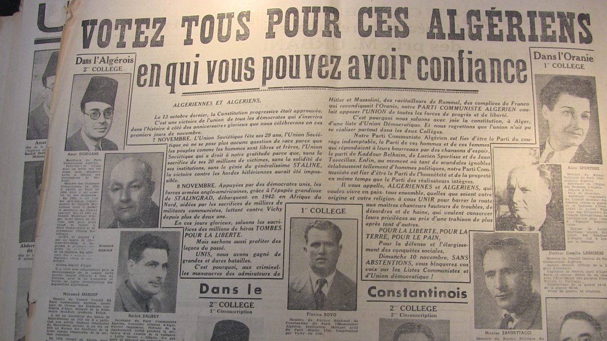 1947 — من اليسار، عمار وزقان، محمد معروف، رشيد دالي باي، فلافيان بوفو، نيكولا زانيتاكسي، كامي لاريبار و أليس سبورتيس.